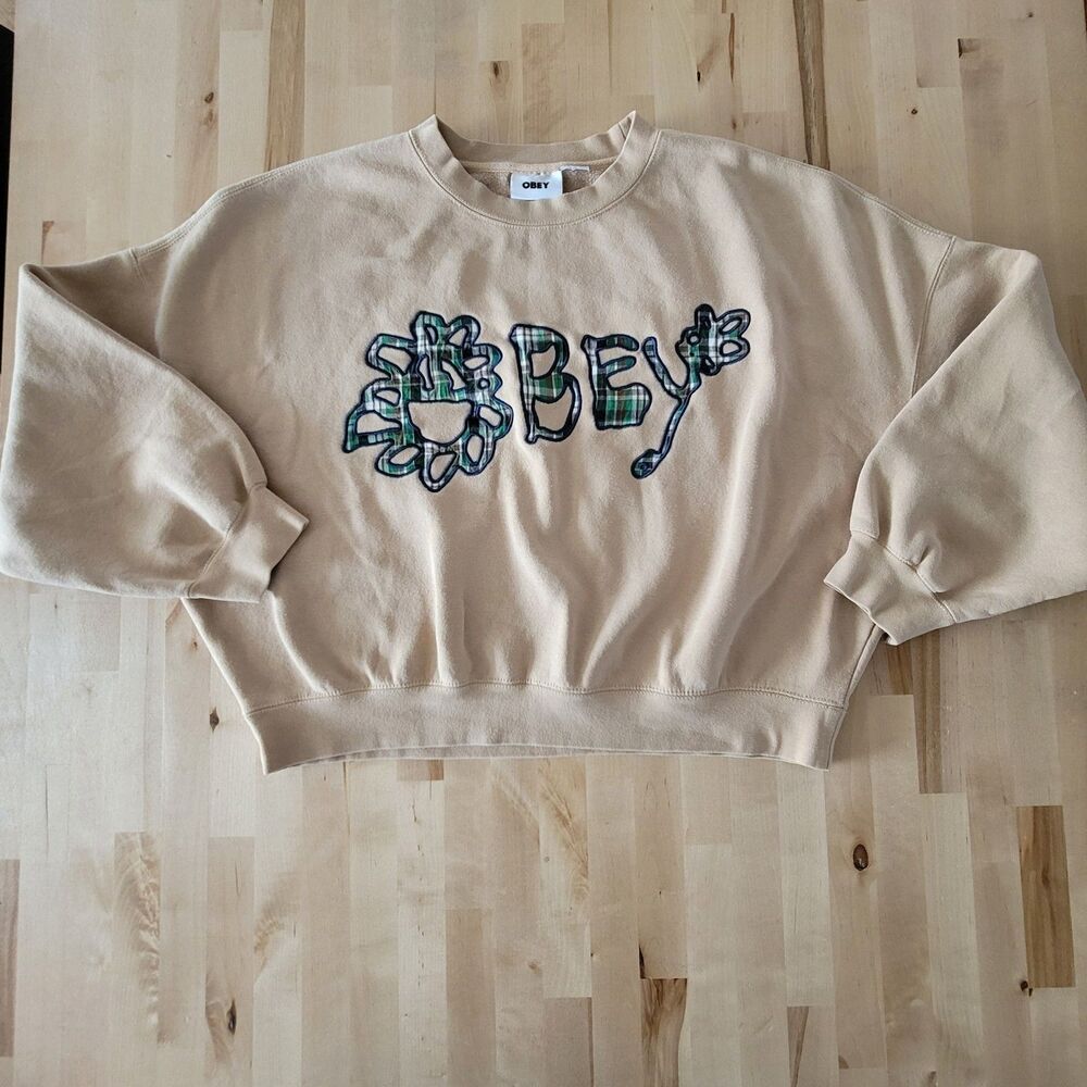 OBEY Womens Nana Crewneck Pullover Sweatshirt Small Tan Plaid Relaxed Streetwear